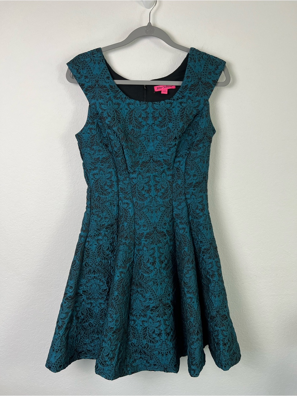 Vintage Betsey Johnson Teal Black Textured Brocade Cocktail Evening Dress